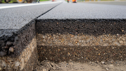 Close-up of fresh dark asphalt road surface with cross-section detail