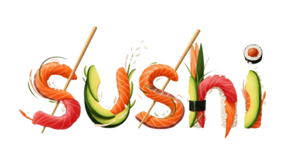 Sushi restaurant logo with colorful sashimi and chopsticks