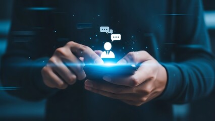 A person holding a smartphone with glowing blue light and social media icons