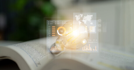 A magnifying glass rests on an open book, enhanced by a digital overlay displaying various data visualizations, perfect for themes of analysis and research. Scalp
