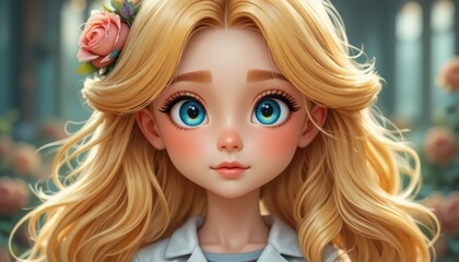Fototapeta premium Stylized 3D portrait of a cute girl with big blue eyes and blonde hair with a rose.