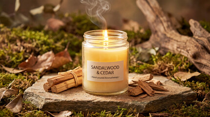 An elegant image of a sandalwood aromatherapy candle in a glass jar