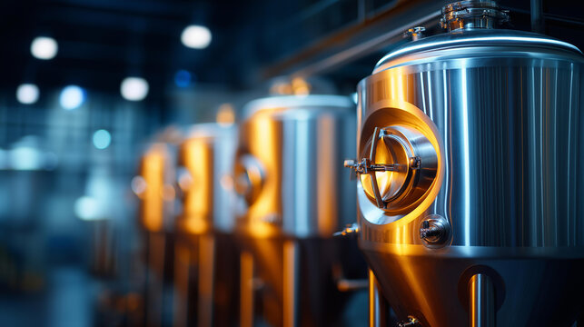 Rows steel tanks beer fermentation maturation craft brewery production facility beverage processing industrial equipment quality control defocused background with copy space