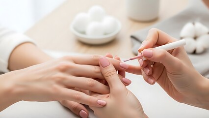 Professional nail technician carefully applying light pink nail polish to a clients fingernail with a brush