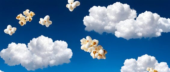 Pattern of Popcorn and White Clouds on Blue sky Background