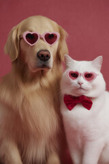 Obraz premium Golden retriever and white cat wearing heart-shaped sunglasses, Valentine's Day concept