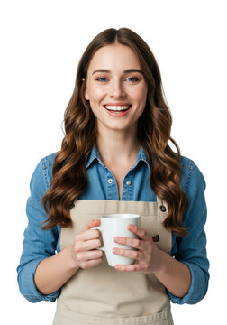 Young caucasian woman barista in denim and a beige apron, holding a white ceramic mug, smiling joyfully on a high-key white studio backdrop with copy space, clean hospitality concept