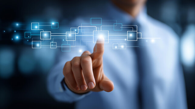 Faceless businessman touching virtual screen business process workflow automation flowchart digital interface organizational management operational control - Powered by Adobe