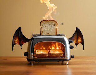Toaster with Dragon Wings Burning Bread with Huge Flames