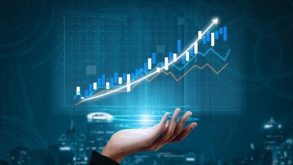 A futuristic hand presents a vibrant financial growth chart with ascending metrics, symbolizing success and innovation in business and economic development. Copula