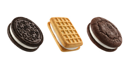 Three delicious assorted cream-filled cookies, including a classic chocolate sandwich, golden waffle cookie, and soft chocolate dessert, perfectly floating, isolated on transparent background.