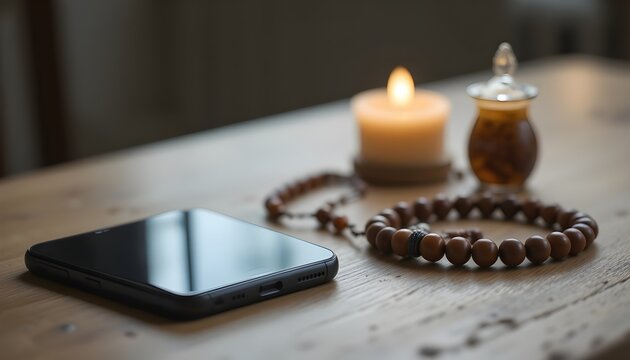 Smartphone placed aside with prayer beads, symbolizing digital detox and mindfulness during Ramadan.