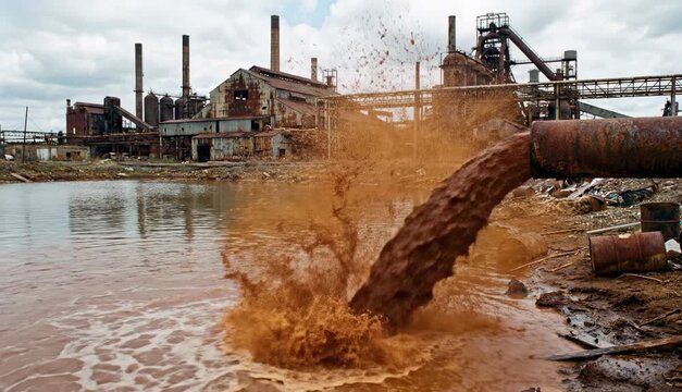 Dirty industrial polluted water pouring from factory pipe into water body, environmental contamination near industrial plant