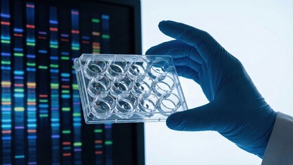 Laboratory Hand Holding Clear Petri Dish with Genetic Data Background