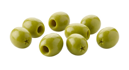 Fresh vibrant green olives, a mix of whole and pitted, elegantly scattered for healthy eating and Mediterranean culinary uses, studio quality isolated on transparent background.
