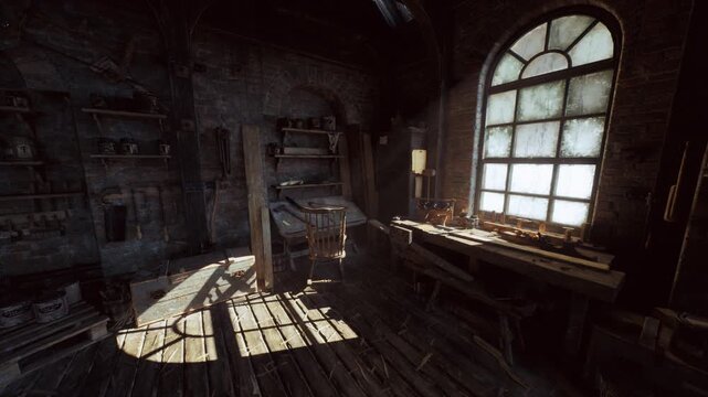 sunlit abandoned workshop large arched window. dusty motes drift across worn workbench and scattered tools, wooden floorboards strewn with sawdust, lathe