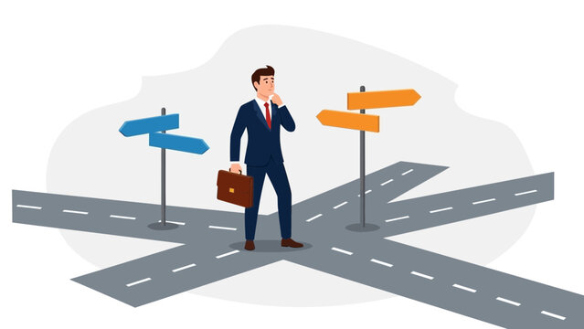 Businessman at crossroads making a difficult decision, choosing direction