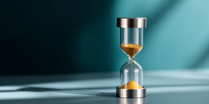 A sand timer on a table with the top half in shadow and bottom half lit up by sunlight, against a blue backdrop
