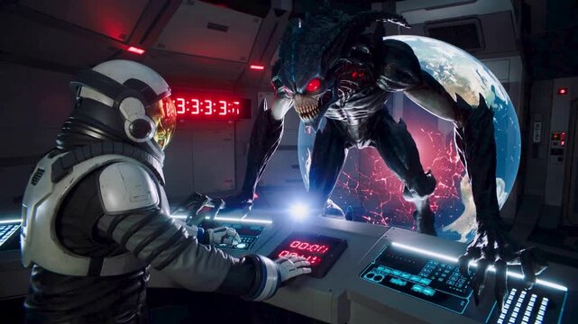 Astronaut in cockpit staring at a monstrous alien through a glowing Earth portal. Red digital countdown on the wall adds intense urgency