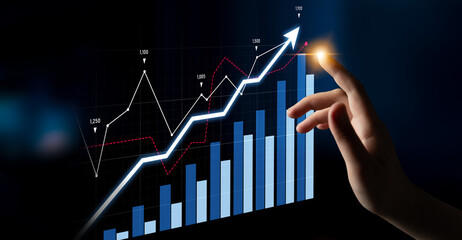 A digital hand interacts with dynamic stock market graphs on a dark background, illustrating financial analytics, growth trends, and investment success through visual data representation. Scalp