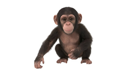 Cute Baby Chimpanzee with Dark Fur and Expressive Eyes in Crouching Pose, Realistic 3D Rendering, isolated on transparent background