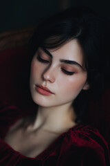 Naklejka premium Close-up portrait of a young woman with dark hair and closed eyes, wearing a red velvet dress