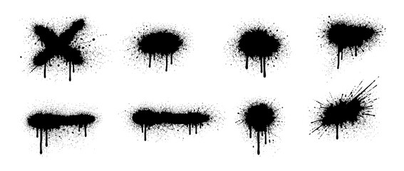 Plakat Set of black spray paint drips and splatters isolated on white background. Grunge graffiti design elements for urban street art texture.