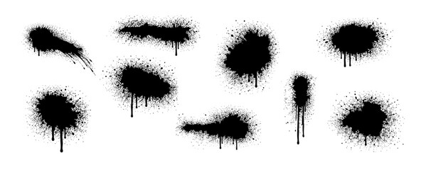 Set of black spray paint splatters and dripping ink stains isolated on white background, ideal for urban grunge and street art designs. © liubomir118809