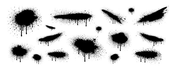 Collection of black spray paint splatters and drips. Grunge graffiti ink blots and stains isolated on white background.