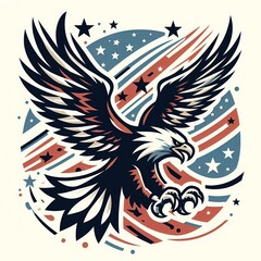 Vibrant eagle in flight with American flag design elements