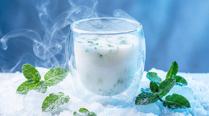 An image of a peppermint-scented aromatherapy candle placed in a modern glass container, releasing a refreshing minty fragrance