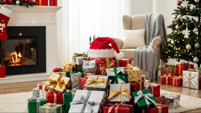 Festive holiday presents gather by fireplace and christmas tree in cozy living room scene
