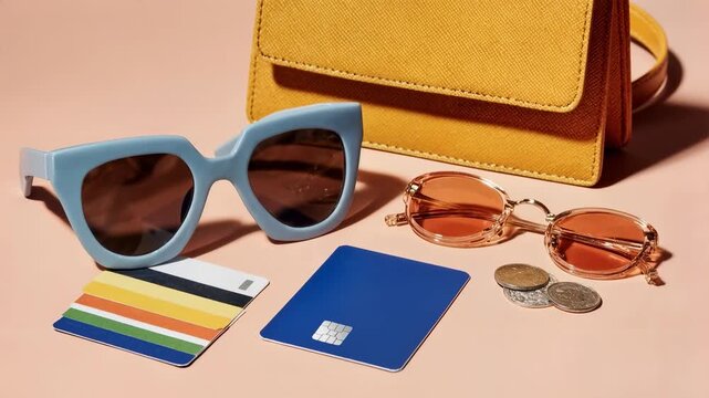 Flat lay of travel essentials including sunglasses wallet passport cards and coins representing tourism planning vacation lifestyle and organized journey preparation