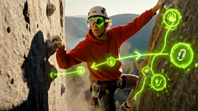 Rock Climber Using Augmented Reality Route Guidance on Dramatic Limestone Cliff at Golden Hour Above Valley Lake
