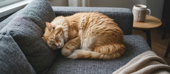 Naklejka premium Ginger Cat Sleeping On Gray Couch Near Wooden Side Table With Coffee Mug, Slow Morning Mood, Textured Throw And Warm Neutral Palette, Coffee Break Companion In Relaxed Home Routine.