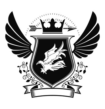 Emblem of Valor: A classic heraldic emblem, featuring an elegant eagle within a shield, crowned with a regal crown and winged by ornate feather, ready for symbolic significance.