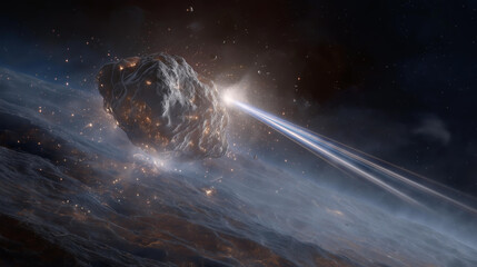 In the vast universe, an asteroid is being destroyed with a laser beam, featuring brilliant light and fragments flying apart, symbolizing the cutting-edge defense strategies employed against cosmic