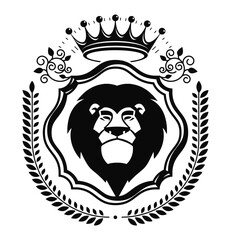 Obraz premium Majestic Crest of a Lion: A meticulously crafted heraldic crest, centered around a powerful lion, symbolizing strength and authority, crowned with a regal emblem of royalty.