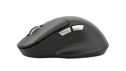 Black ergonomic wireless computer mouse with side buttons, studio shot isolated on transparent background