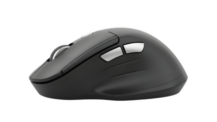 Black ergonomic wireless computer mouse with side buttons, studio shot isolated on transparent background