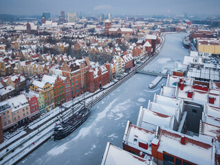 Aerial view of the beautiful main city in Gdansk at winter, Poland