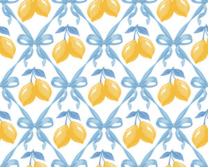 Obraz premium Yellow lemons , blue bow, ribbon seamless pattern. Fruit summer wallpaper. 