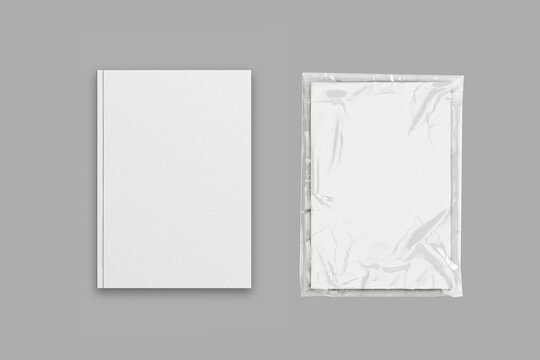 White realistic magazine or brochure A4 for presentation wrapped in transparent cover. Notebook for place for text. Closed vertical magazine mockup with top view. 3d rendering