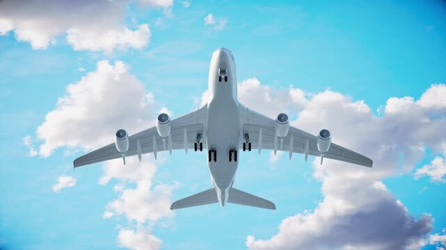 Passenger airplane flying overhead against a sunny blue sky with clouds. Low angle view of a commercial jet airliner passing by during a flight.
