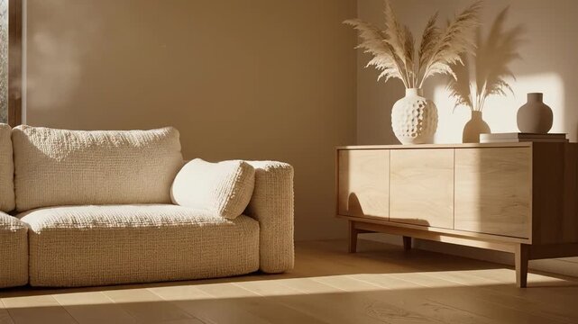 A Serene Sun-Drenched Living Room Interior, Upscaled 2x with Cozy Sofa and Natural Decor.
