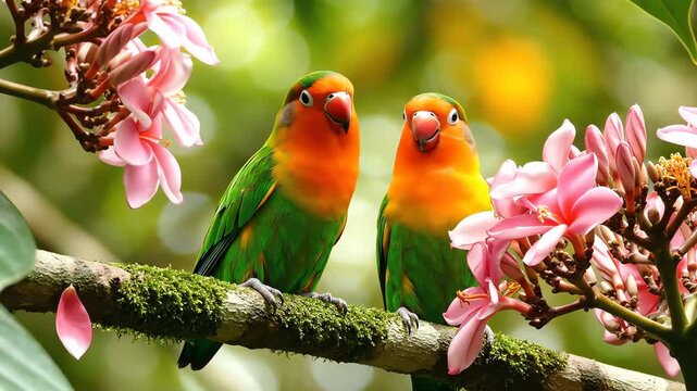 A vibrant pair of lovebirds sharing tender affection amidst colorful blooming flowers.