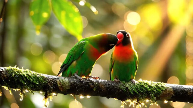 A vibrant pair of lovebirds sharing tender affection on a mossy branch, beautifully detailed