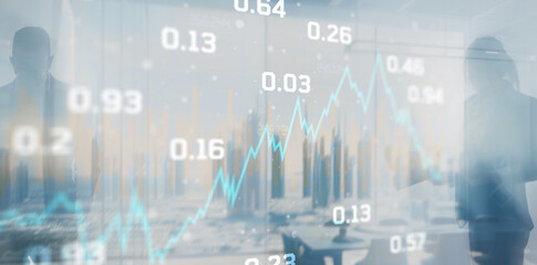 Double exposure of abstract financial graph on office buildings background traders concept