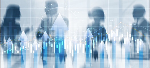 Businesspeople analyzing financial growth charts and data on digital screen