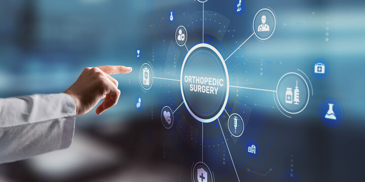 A doctor's hand in a medical coat presses the ORTHOPEDIC SURGERY button on a digital interface - Powered by Adobe